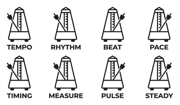 Metronome icons symbolizing tempo rhythm beat pace timing measure pulse and steady.