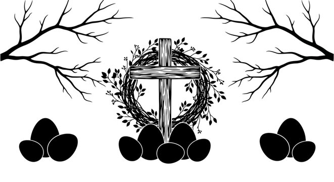 Easter symbolism with cross eggs with cross surrounded wreath leaves christianity decoration branches religion holidays graphic spring with Design