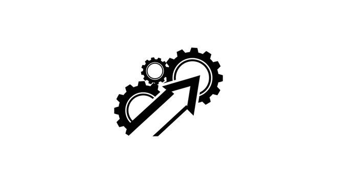 Black gears and arrow graphic on white background with graphic interlocking engineering mechanical technology industry design symbol icon with logo