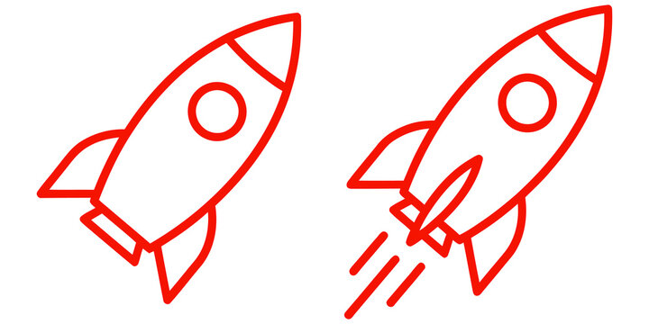 Red outline rocket ship icon set for startup and launch concepts isolated on transparent background