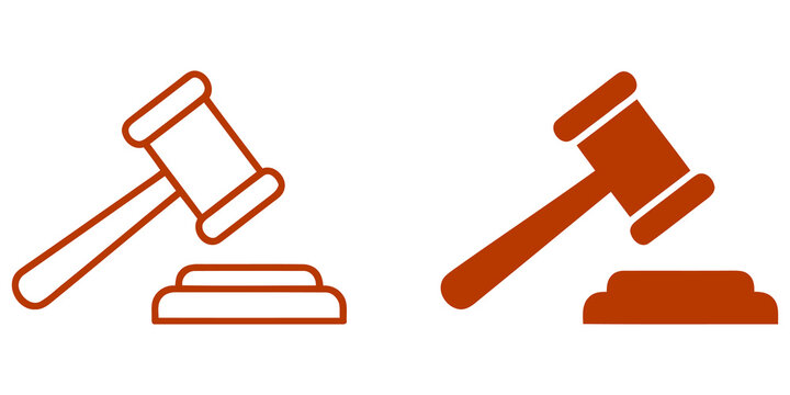 Judge gavel and sound block auction hammer icons isolated on transparent background