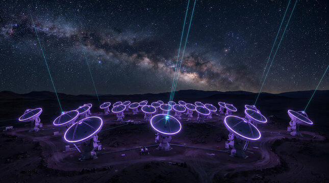 Futuristic radio telescope array glowing with purple neon lights under a starry night sky with the Milky Way galaxy shooting laser beams into deep space for advanced astronomical research.