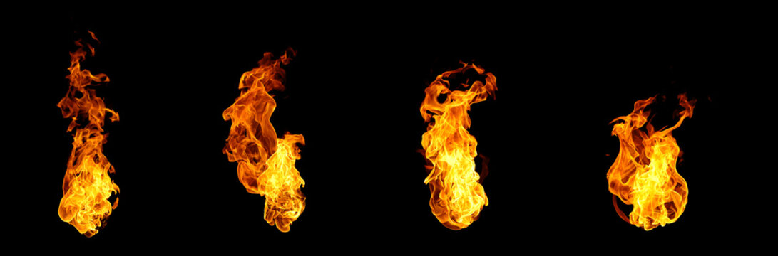 realistic fire flames isolated on black background, featuring blazing fire, burning heat, flame elements, combustion effect, inferno, energy, hazard, transparent overlay design for creative projects.