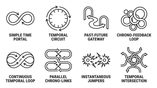 Vector icons for simple time portal temporal circuit past future gateway chrono feedback loop.