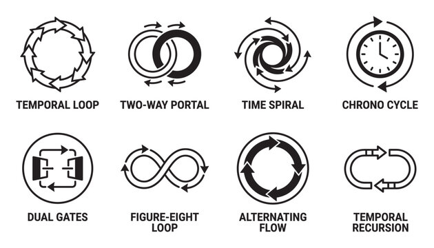 Vector icons for time loop temporal chrono cycle dual gates figure eight loop alternating flow.