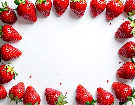 Strawberries frame border on white background with copy spac