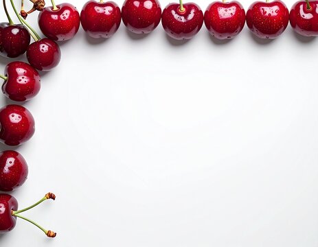 Fresh Cherries in L-Shaped Border with Water Droplets, White Background Corner Frame Copy Space