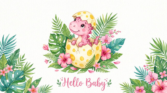 Baby pink dinosaur hatching from egg watercolor illustration with tropical plants.