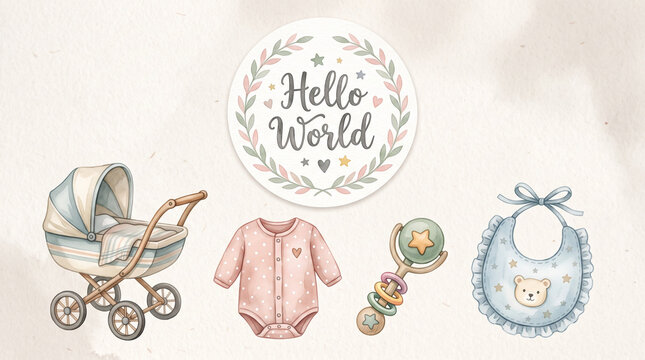 Baby shower set with stroller onesie rattle bib and hello world badge.