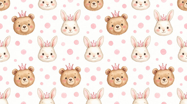 Bear and bunny with crowns seamless pattern.