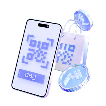 3D smartphone and shopping bag featuring QR codes, Indian rupee coins, and a pay button. Transparent liquid glass mobile commerce icon isolated on transparent background.