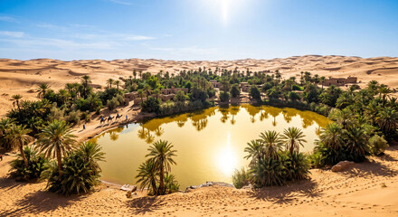 Obraz premium Surreal Desert Oasis with a Shimmering Liquid Gold Pool