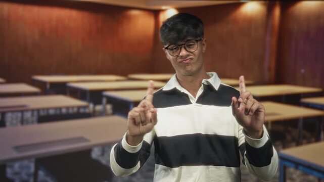 Man points finger toward camera in classroom with desks, wearing glasses and striped shirt, smirking and gesturing; skepticism.
