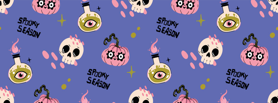 Halloween seamless pattern with magic potion bottle, skull, pink pumpkin and spooky season text on purple background in pastel goth style. Vector repeating print for fabric.