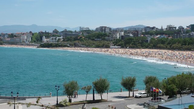 Santander, Cantabria, Spain. June 12, 2026. Panoramic view from the side of the hotel on El Sardinero beach and the sea promenade. Seaside resort atmosphere. Travel planning, destination selection. 