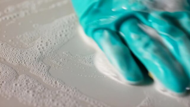 Hand in blue rubber glove scrubbing a soapy surface with circular motions, showcasing the cleaning process in a bright indoor setting with bubbles visible