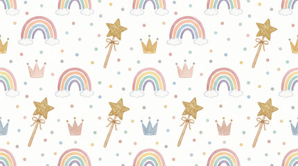 Naklejka premium Children's magic pattern with rainbows gold stars and fairy wands.