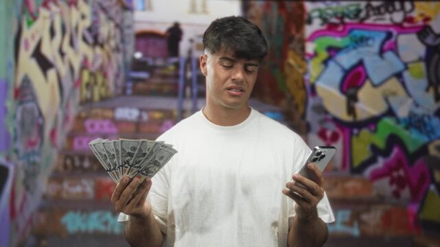 Man holding smartphone in one hand and a fanned stack of dollars in the other, wearing white t shirt, lips pursed while squinting at the screen in a graffiti-lined street; doubt.