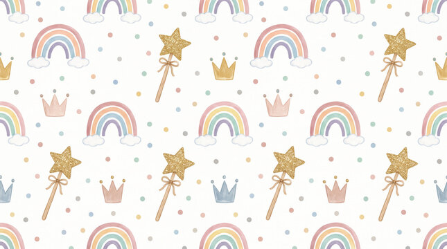 Children's magic pattern with rainbows gold stars and fairy wands.