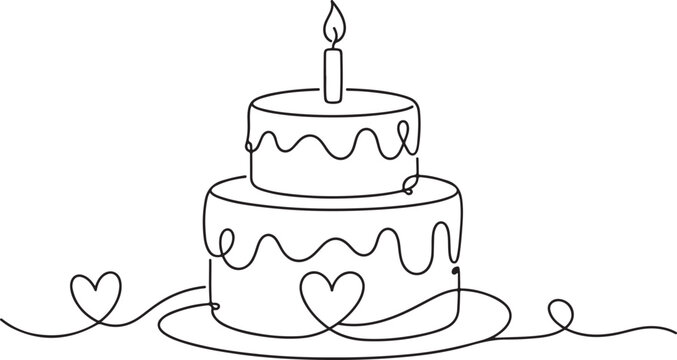 Continuous line drawing of a birthday cake with hearts