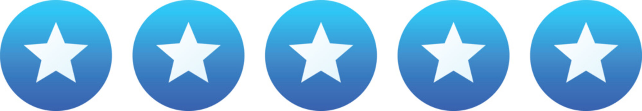 Five blue circular rating icons with white stars inside on a white background symbolizing customer satisfaction and excellent service