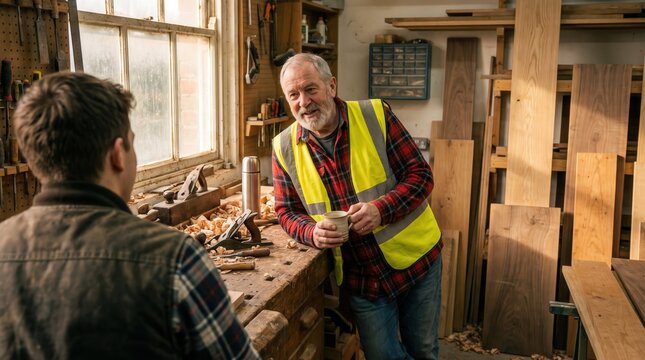 Senior carpenter mentoring young apprentice in traditional woodwork workshop during break for industrial skill training
