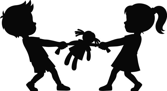 Black silhouette of a young boy and girl fighting over a doll on a white background
