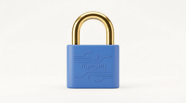 3D blue security padlock with gold shackle and binary code for digital data protection concepts