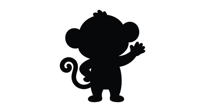 A black silhouette of a cute cartoon monkey waving its hand isolated on a white background