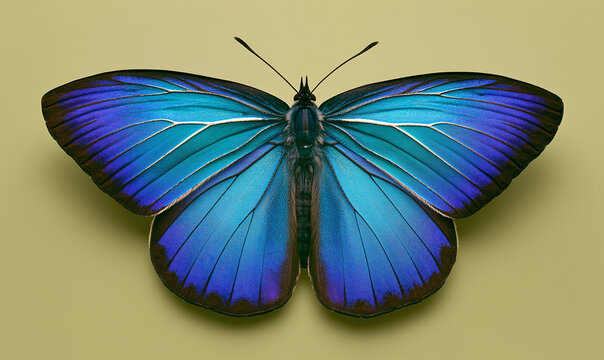 a macro shot of a single morpho butterfly centered against a solid white background. the butterfly is displayed with its wings fully spread symmetrically