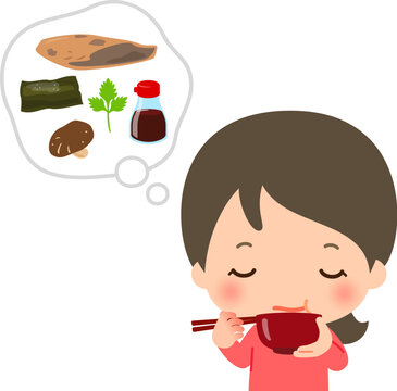 すまし汁の出汁や具材を目を閉じて味わう若い女性