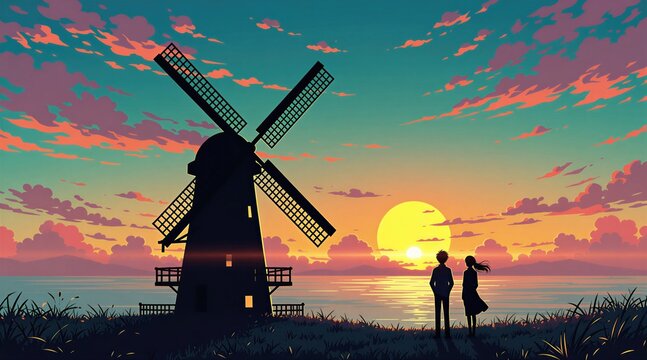 Couple stands near rustic windmill silhouette at vibrant sunset by calm water. Man, woman enjoy romantic evening view in beautiful nature landscape. Sky glows with orange pink clouds above sea