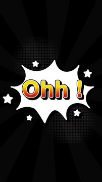 Ohh text word lettering popup comic cartoon reveal with bomb and smoke explosion manga anime book page dots radial speed lines doodle black background seamless loop vertical animation retro clip Ohh!