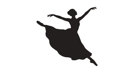 A graceful silhouette of a female ballet dancer leaping in the air against a plain white background © Taylor