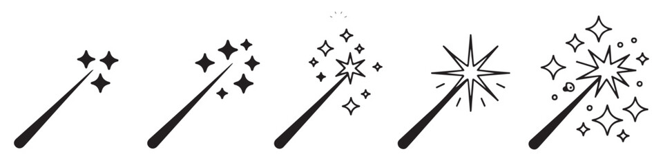 Five magic wand icons with sparkle and starburst effects in black silhouette on gray background. © MOST AKTER