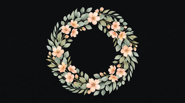 Circular floral wreath with peach flowers and green leaves on black background.