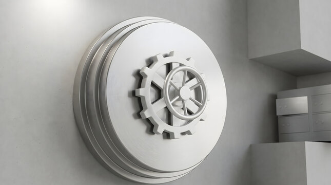 Modern circular steel bank vault door in a minimalist high security room for wealth protection.