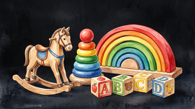 Classic watercolor toy set with horse and blocks.