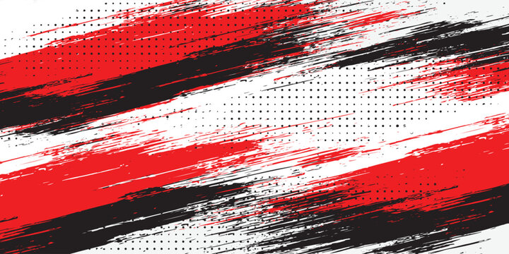 Abstract red black and white grunge brush stroke background with diagonal halftone pattern for sports, racing, and esports banner design