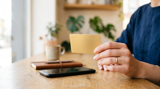 Close-up of hands holding a credit card near a smartphone.
