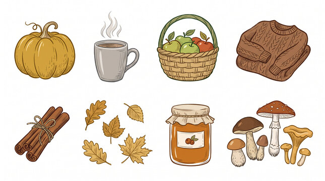 Collection of colorful hand-drawn autumn lifestyle icons.