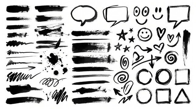 Collection of hand drawn black ink brush strokes, speech bubbles, and doodles.