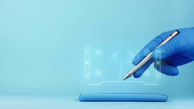 A doctor's hand presents a mobile application with a digital medical interface for kidney technology in nephrology. Isolated on a light blue background. Innovation in telemedicine and digital health.
