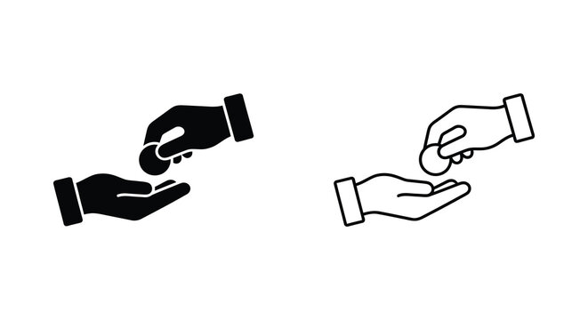 Set of hand icons showing the act of giving or receiving money as a donation or payment