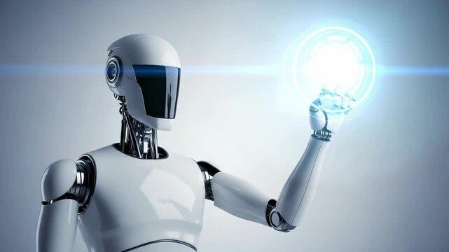 Futuristic humanoid robot interacting with a digital interface