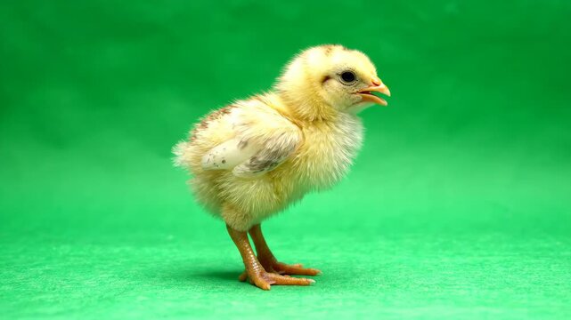 Little Chick on Green: A fluffy yellow chick stands on a vibrant green background, its curious gaze and delicate features capturing the innocence of new life.