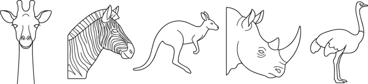 PrintSet of cute wild animals outline icons featuring giraffe zebra kangaroo rhinoceros and ostrich line art vector illustration