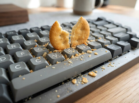 Broken cracker pieces with crumbs scattered on a modern computer keyboard.
