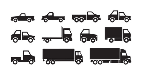 Naklejka premium Variety of truck silhouettes including pickup vans and trailers for logistics transportation service.