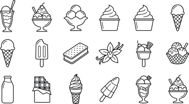 Ice cream and frozen dessert line icon set featuring sweet summer treats waffle cones sundae bowls and popsicle vectors